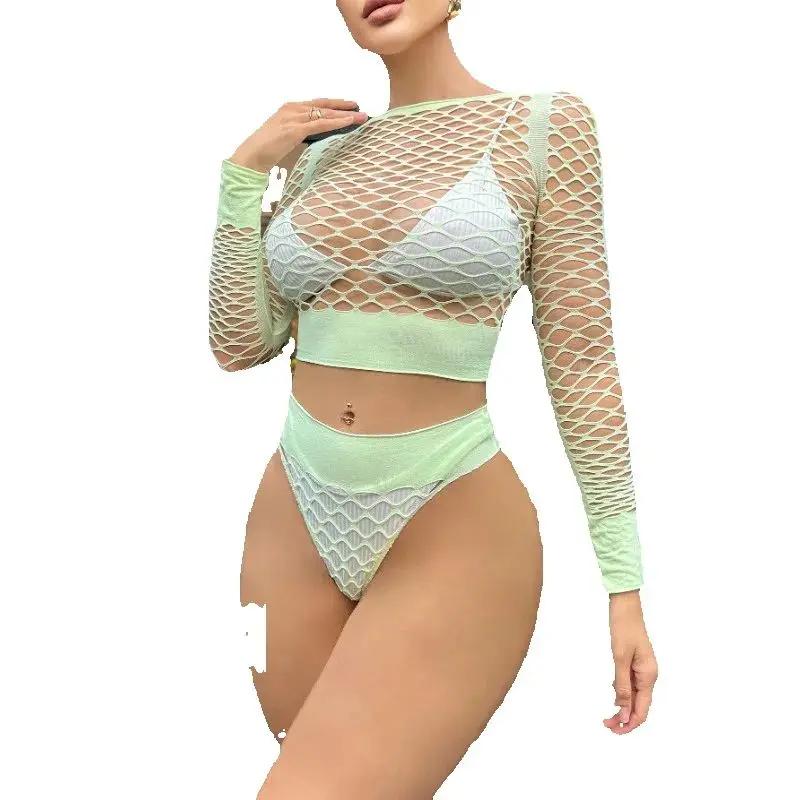 Bikini hueco verde fluorescente Sexy europeo y americano que brilla en la oscuridad conjunto de dos piezas lencería de red de pesca