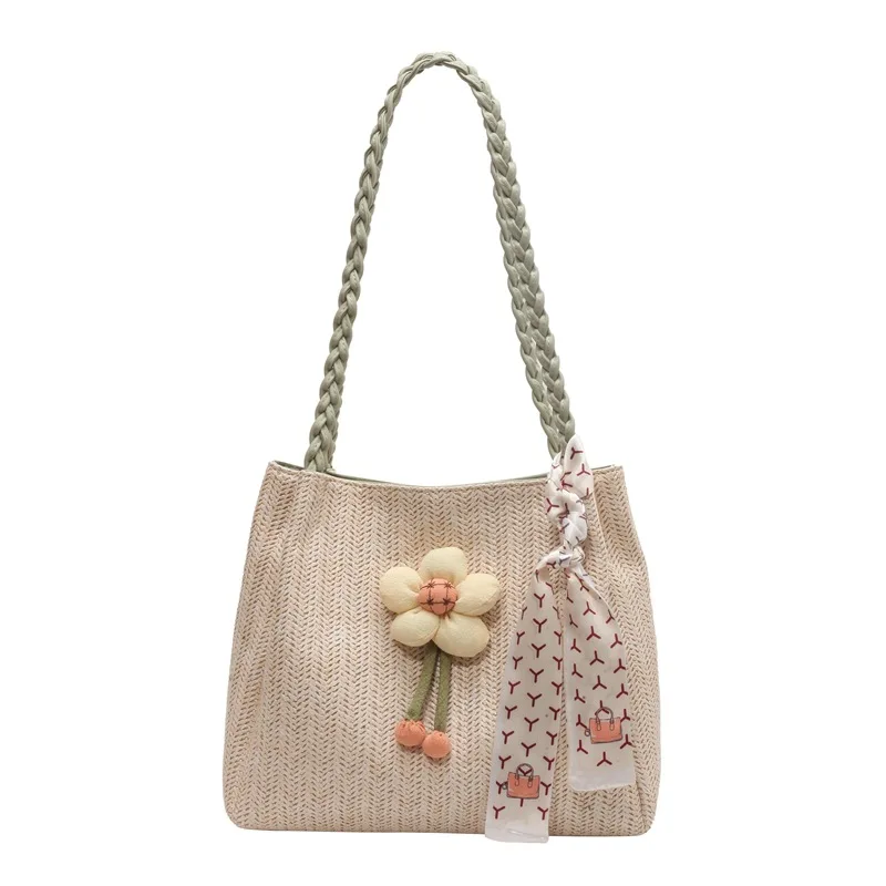 Bolso de paja con patrón de flores para mujer, bandolera grande a la moda, gran bolso de mano de cuero, novedad de 2023