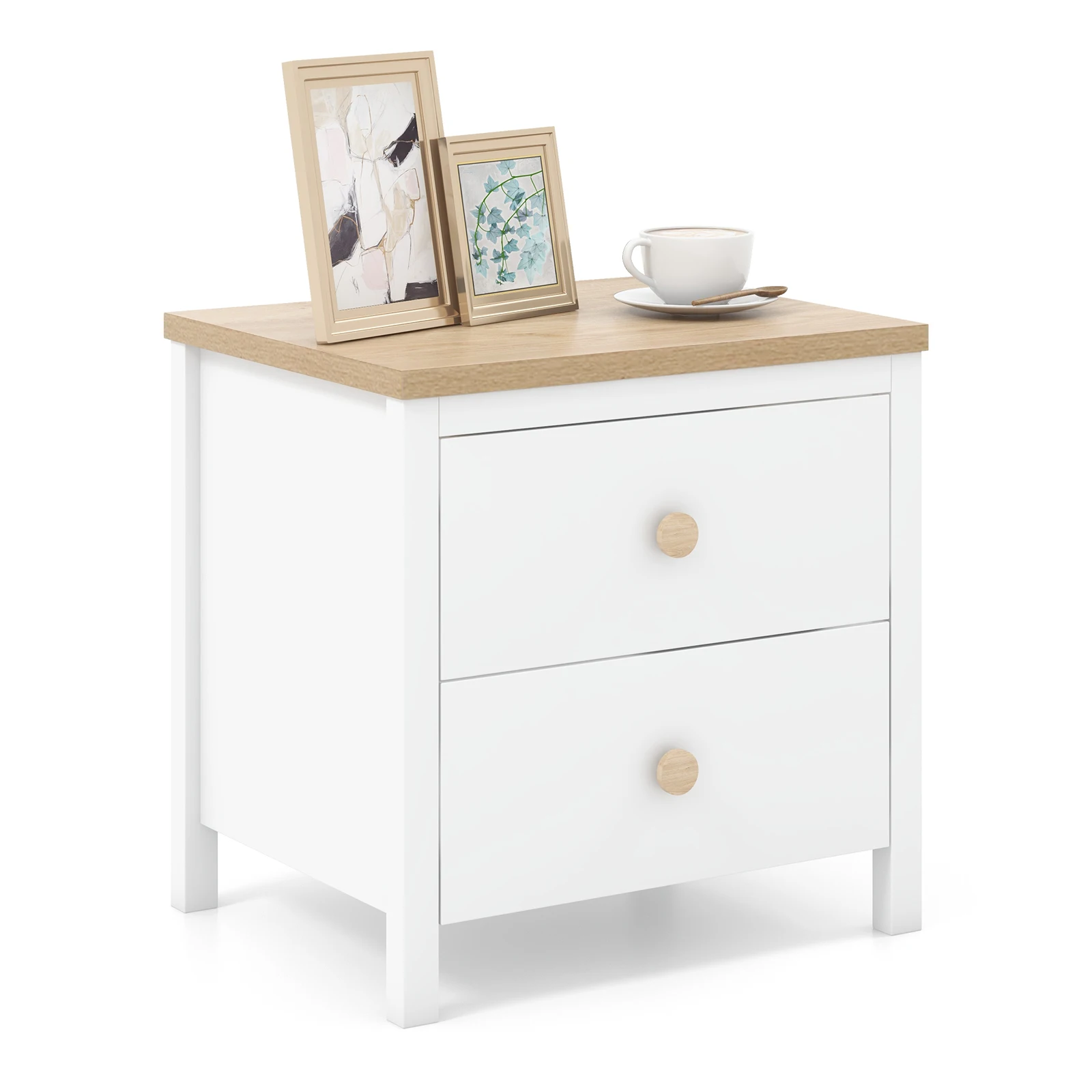 

Nightstand Farmhouse Side End Table w/ Solid Wood Legs & 2 Drawers for Bedroom