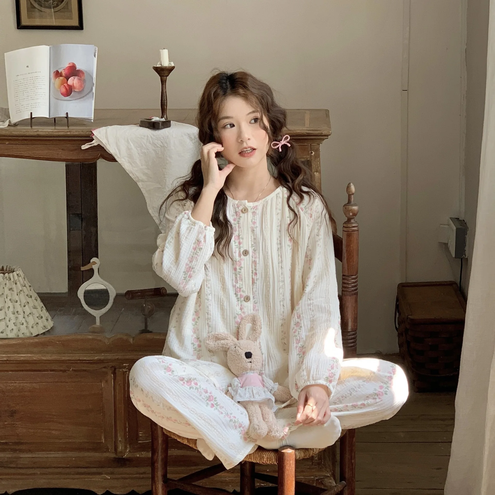 

Костюм для беременных из чистого хлопка с цветочным принтом для беременных женщин, новинка весны 2023, одежда для сна с v-образным вырезом, одежда для кормящих мам