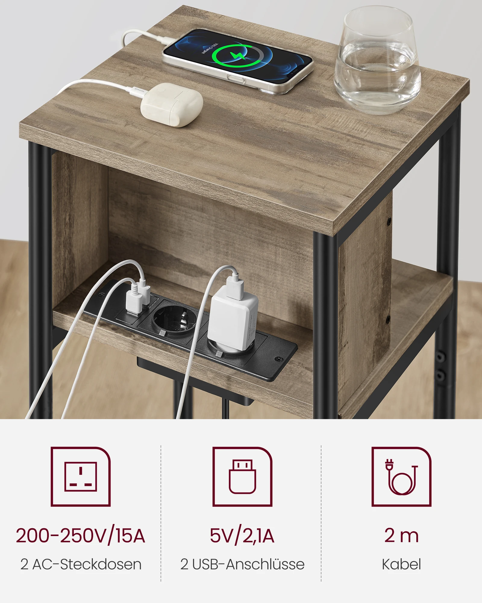 طاولة جانبية VASAGLE، طاولة بجانب السرير مع مقبس، ضيقة، 2 منفذ تيار متردد، 2 منفذ USB، 30x34x58 سم، لغرفة المعيشة