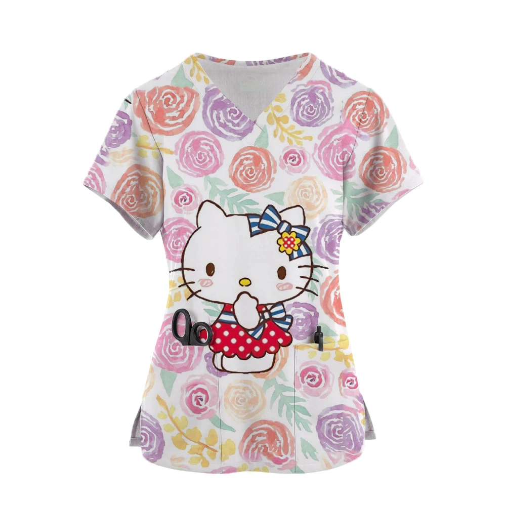 Hello Kitty Print Kawaii Nurse Uniform Scrubs Tops Womens Cartoon Short Sleeve Pocket Overalls Uniforms Medical Nursing Blouse