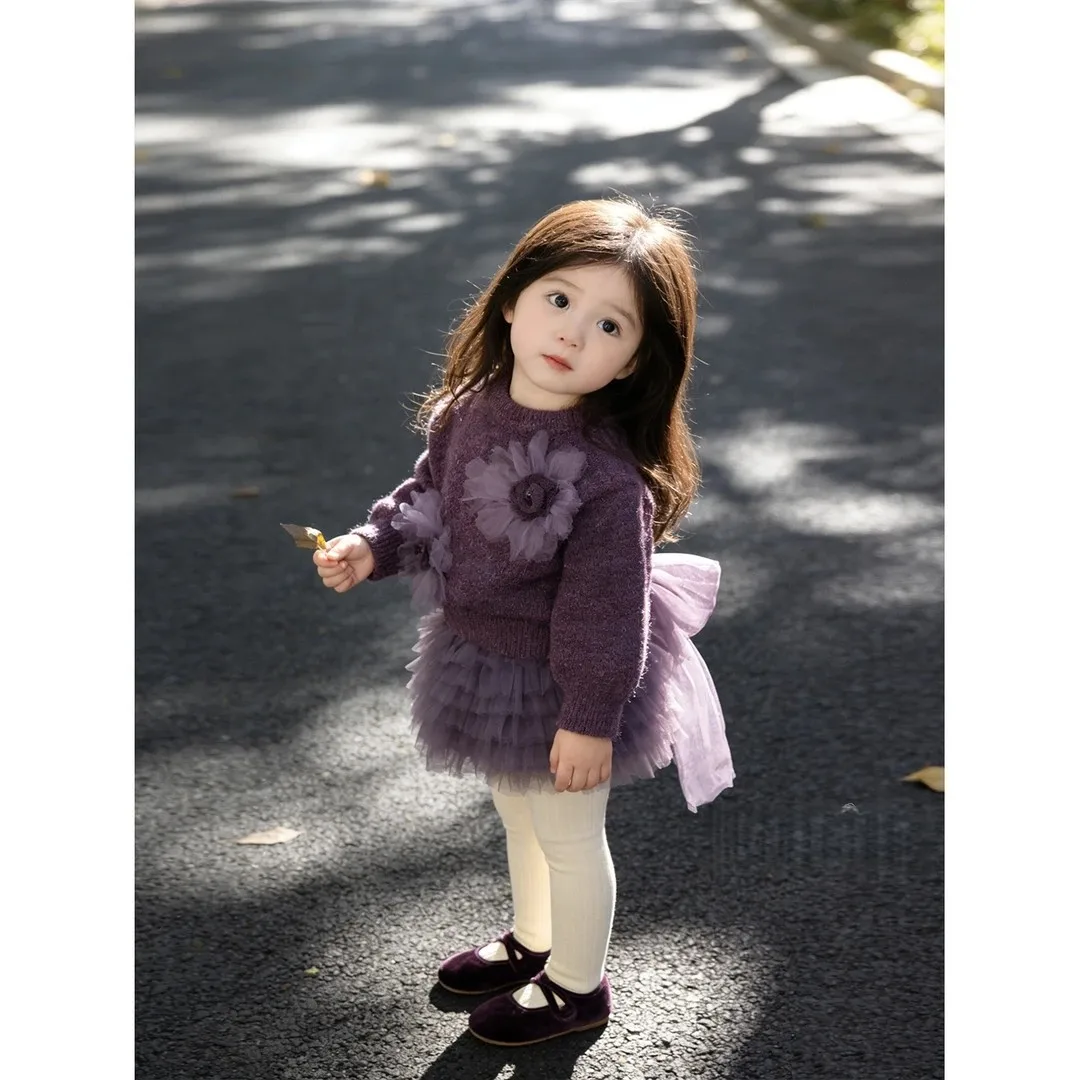 Princess Two-Piece Set for Girls Autumn Winter Purple Sweet Flower Sweater And Chiffon Dress Combo