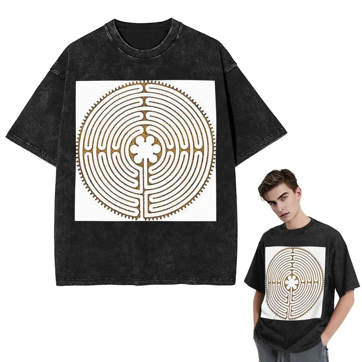 Symbol Chartres Labyrinth Metal Gold Antique Style Washed T Shirts Short Sleeve Hip Hop T-Shirt Streetwear Tops Tees Men Women