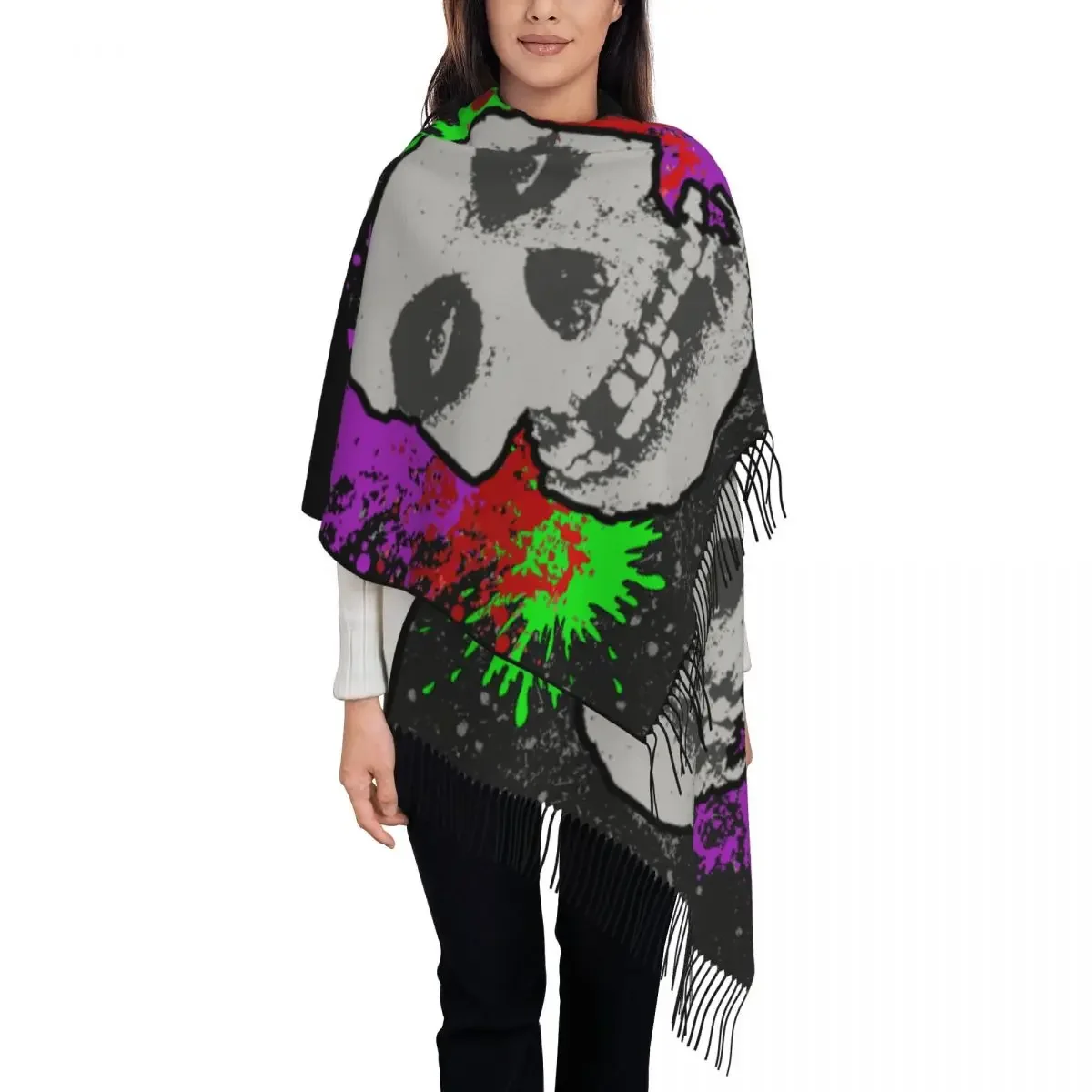 Custom Horror Punk Rock Misfits Skull Tassel Scarf Women Soft Shawl Wrap Lady Winter Scarves