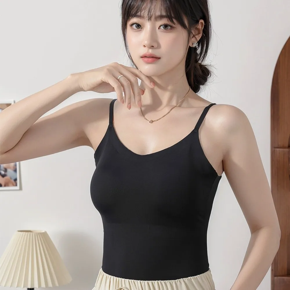 Stretchy Fabric Women Camisole Padded Support Wireless Design Seamless Tank Top Skin-Friendly Fixed Cup Underwear Tank Top