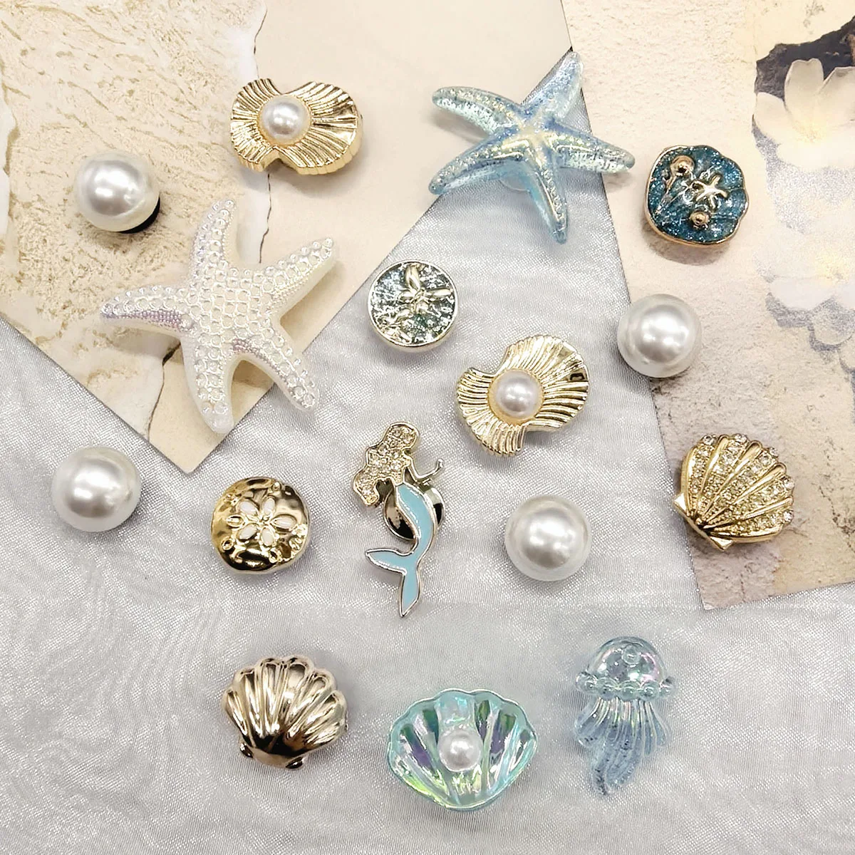 16PCS Ocean Beach Golden Conch Shoe Charms DIY Decorations Bling Shell Shoe Buckles Accessories Starfish Clogs Shoe Clips Decor