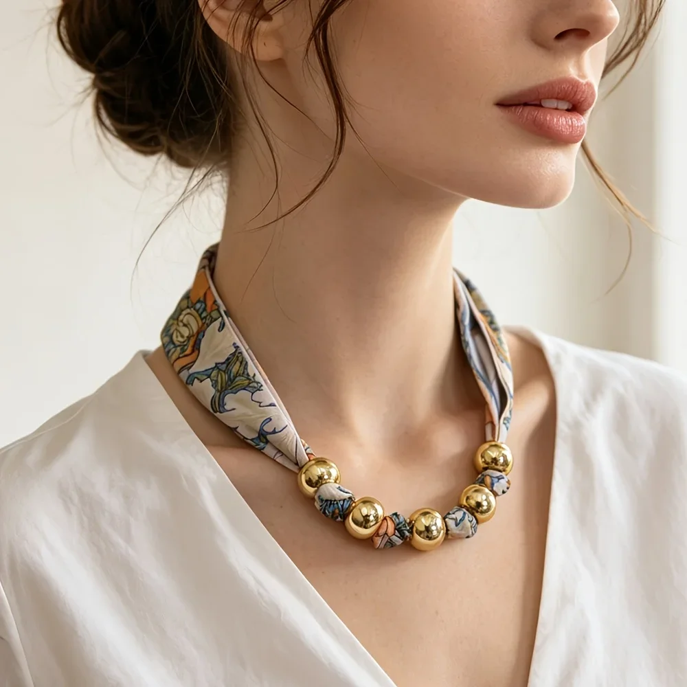Modern Minimalist Knot Pearl Fabric Necklace,Vintage Floral Fabric Scarf Choker Necklace Bead Spliced Cloth French Neck Chain