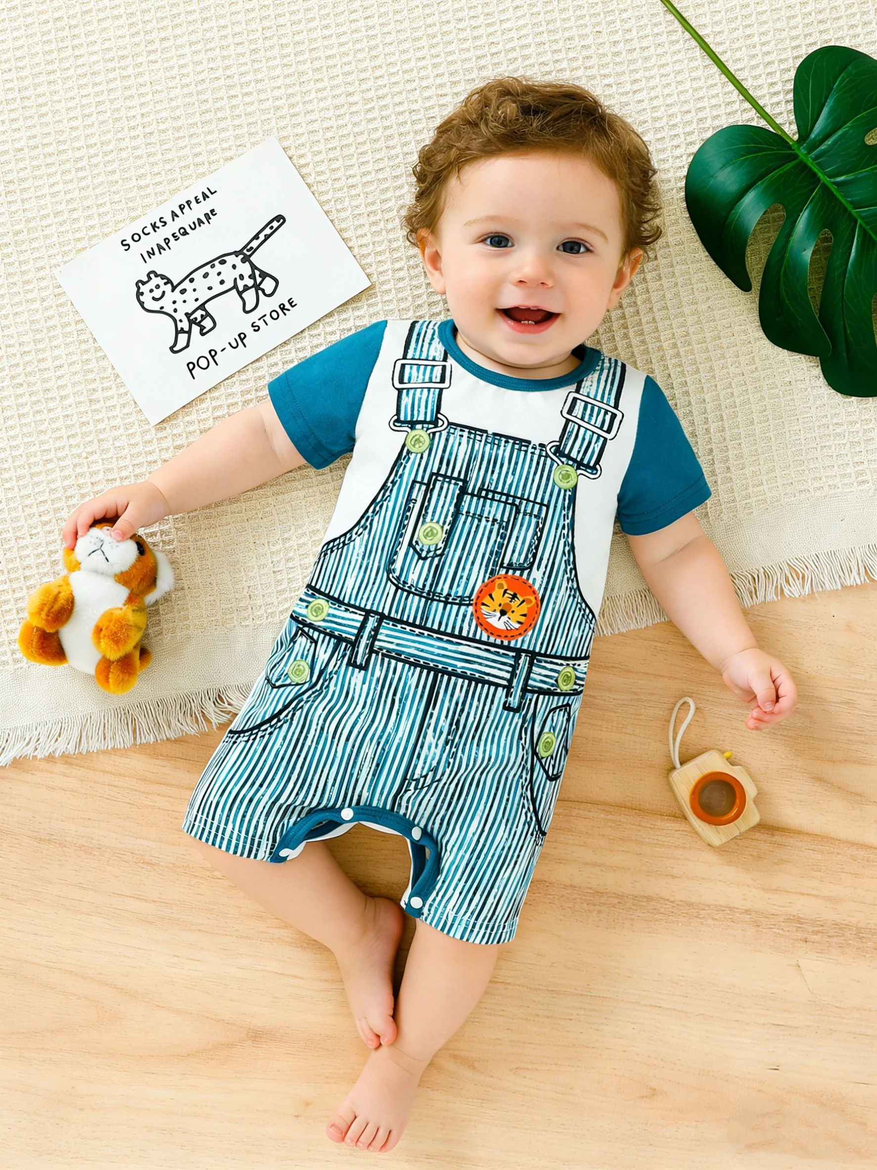 Baby Tiger Print Short Sleeve Onesie with Fake Straps Casual Crawling Suit Comfortable Soft Clothing for Infants