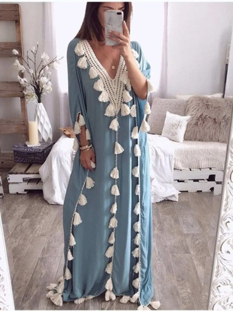 Sukienka damska z dekoltem w serek, rękawami do połowy, elegancka, jesienna, w jednolitym kolorze, koszula z frędzlami, luźna, w stylu boho, codzienna, łączona sukienka damska.