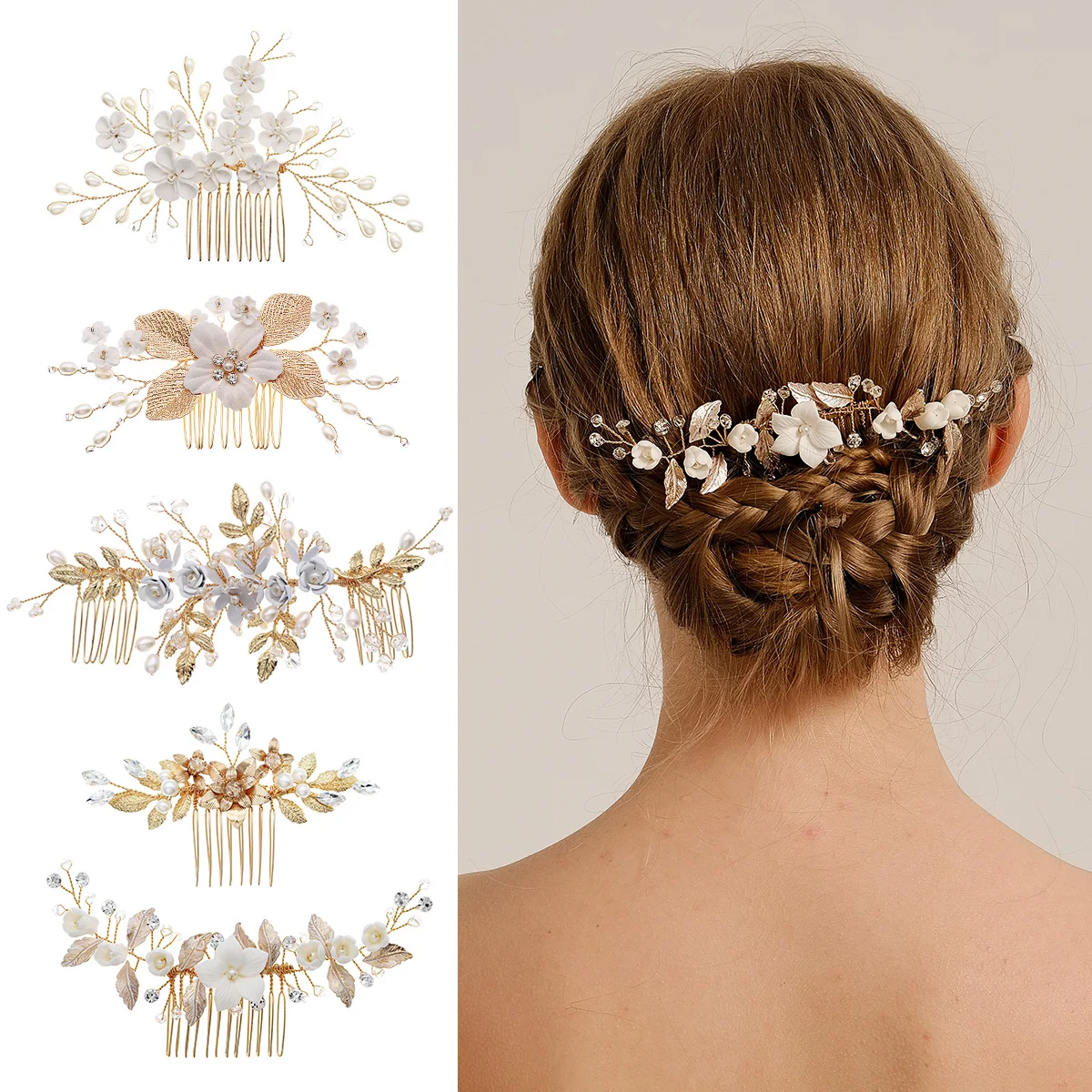 QYY New Handmade Gold Pearl Rhinestone Hair Comb Bridal Wedding Hair Accessories Hair Jewelry Headpiece Headwear Gift