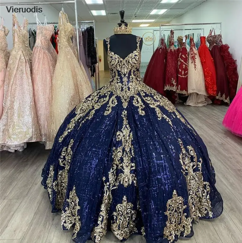 

Dark Navy Ball Gown Quinceanera Dresses Sleeves Gold Lace Applique Sweet 16 Dress Party Wear Princess Dress Xv Años