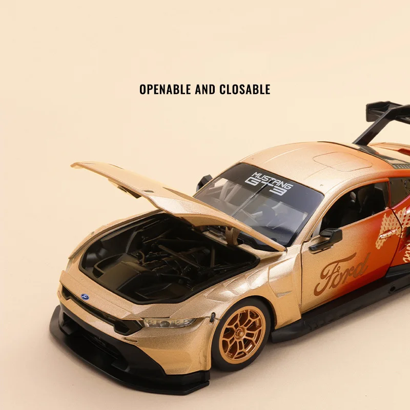 1:24 Ford Mustang GT3 2026 Alloy Track Racing Car Model Diecasts Metal Sports Vehicles Car Model Sound and Light Childrens Gifts