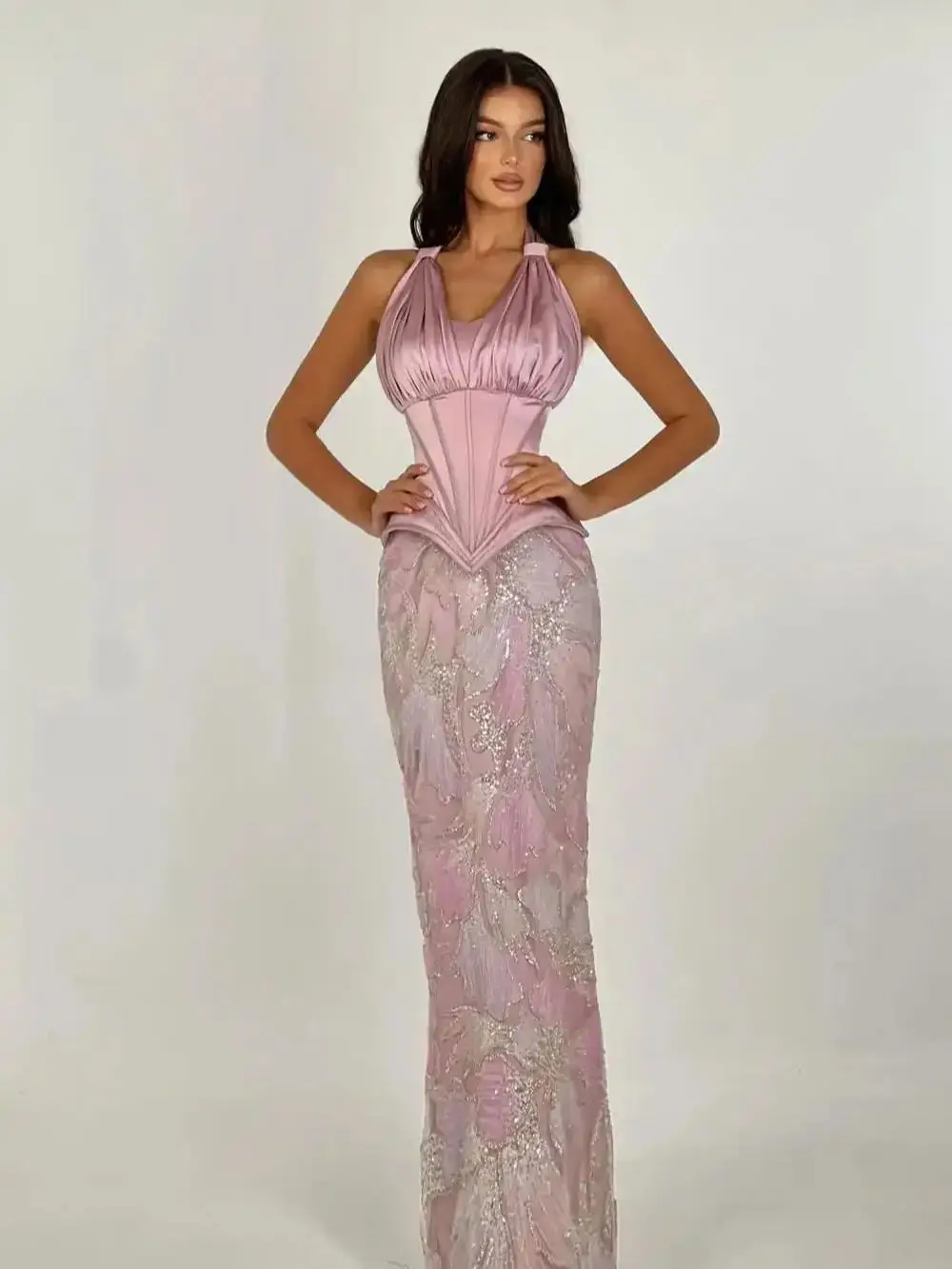 Ofherown Elegantes hellrosa Neckholder-Satin-Korsett-Abendkleid für Damen, Pailletten-Stickerei, Meerjungfrau, formelles Abendkleid, Partykleid