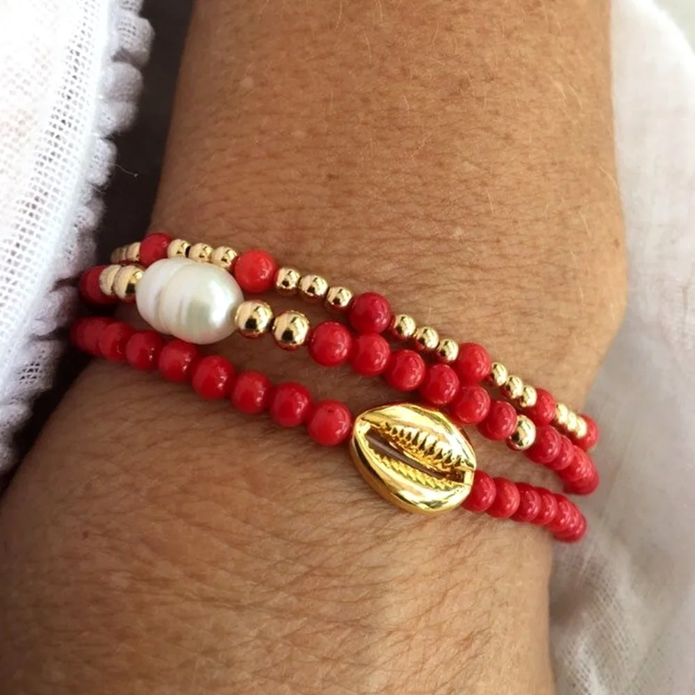Rice bead bracelet Red Hand knitting Sea shell Imitation pearl Bohemia Elastic force Female Fashion Simple Beaded bracelet set