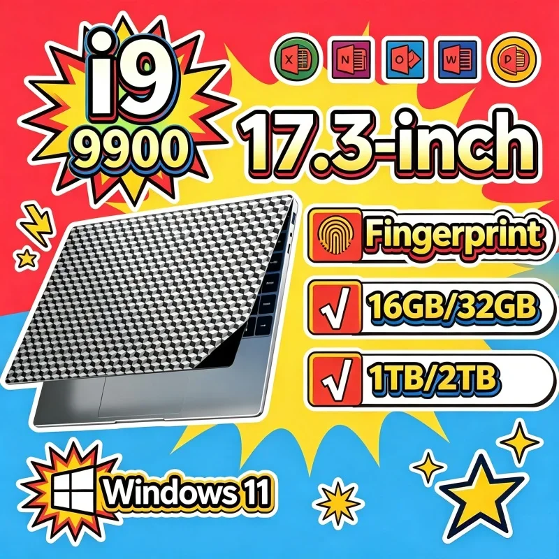 Hot 17.3' Notebook Intel I9-9900 32GB 2TB Windows 11 Large Screen Fingerprint Unlock Office Mighty Laptop Computer PC