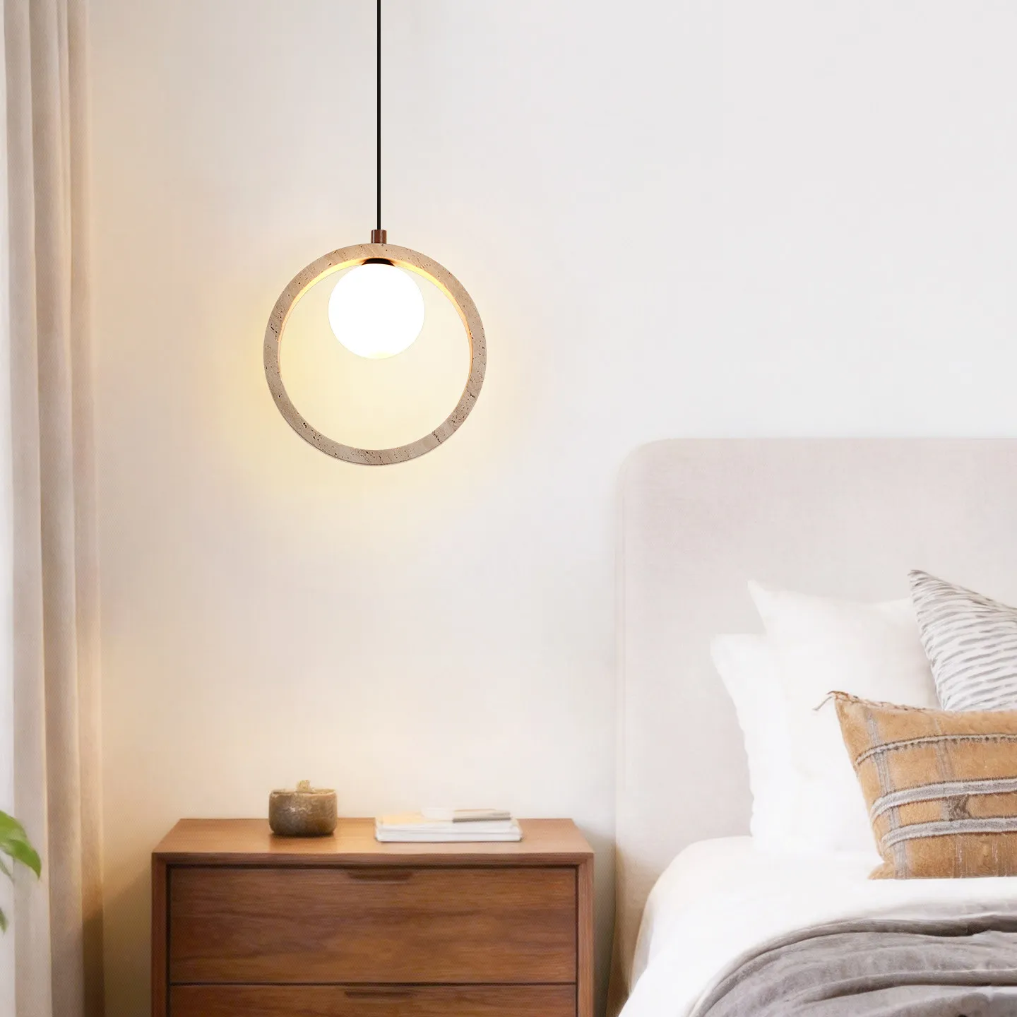 Wabi-sabi Travertine Ring Pendant Light Dining Room Bedroom Bedside Bar Porch Middle Ancient Japandi Hanging Lamp