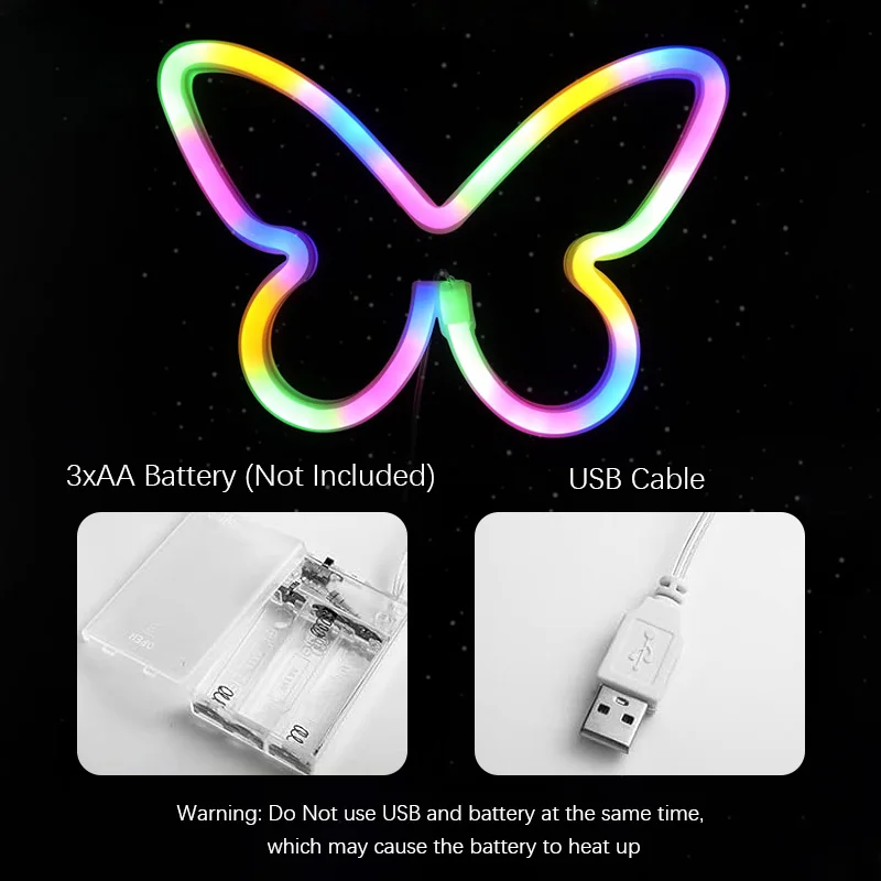 ผีเสื้อ LED Neon Sign Light, USB และแบตเตอรี่ขับเคลื่อนโคมไฟสําหรับห้องนอนฤดูหนาว, ห้องเกม, งานแต่งงาน, วันเกิด Party Home Decor