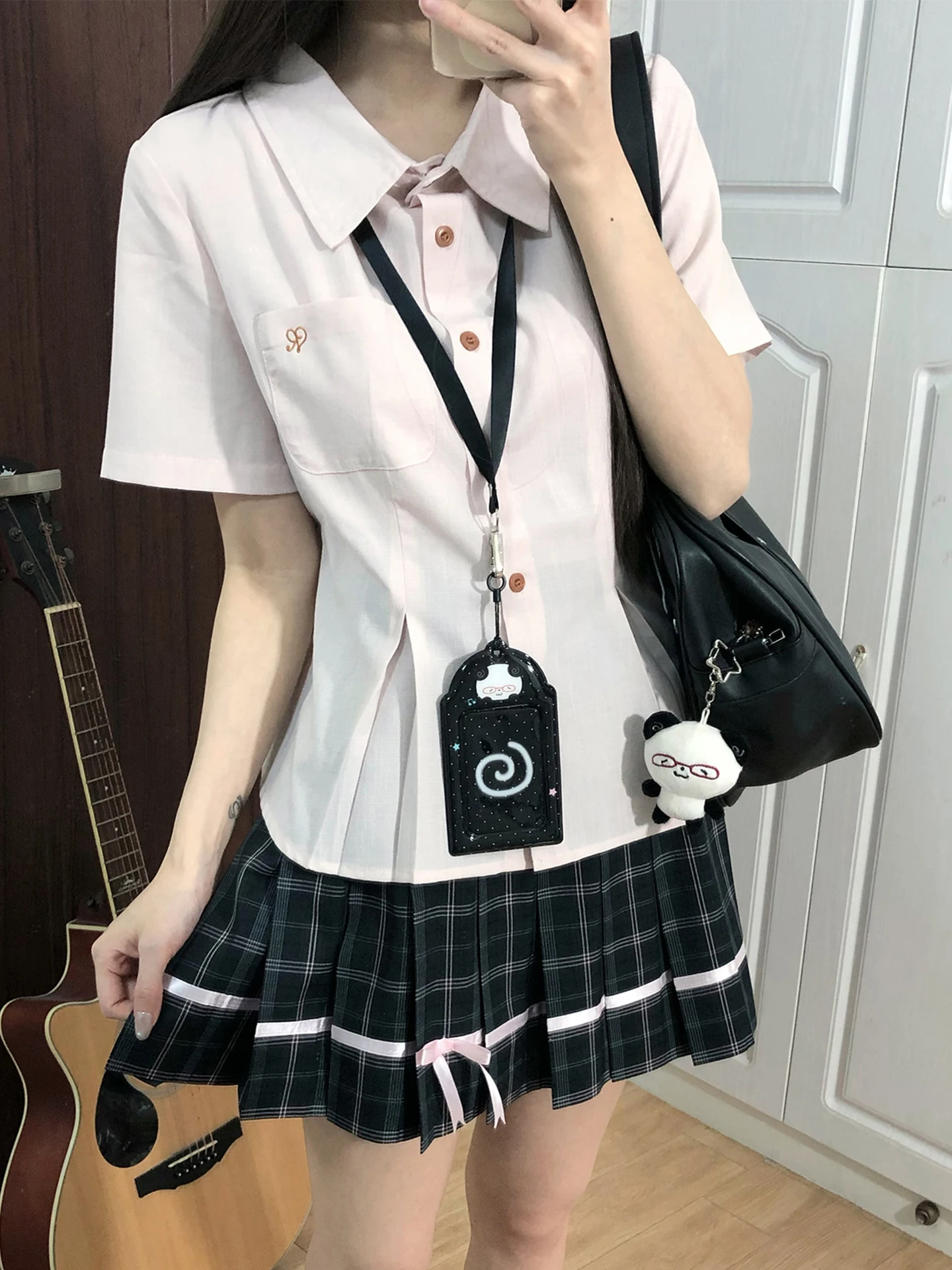 

InstituteJK Pink Bow Tie ort Sve Women's irt Waist Cinched School orm Sle Striped Heart Letter Pattern Top