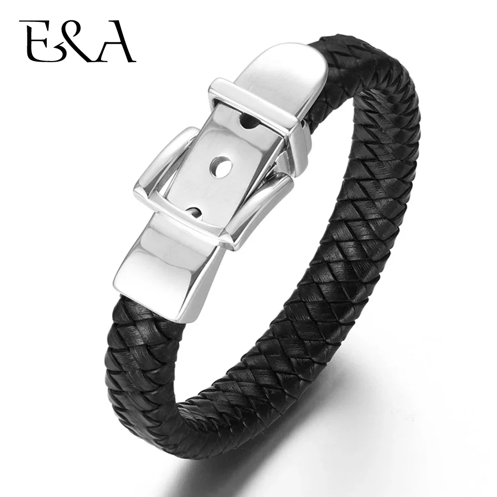 Men's Genuine Braided Leather Black Brown Bracelets Minimalism Stainless Steel Watch Band Clasp Bangle Accessories Male Jewelry