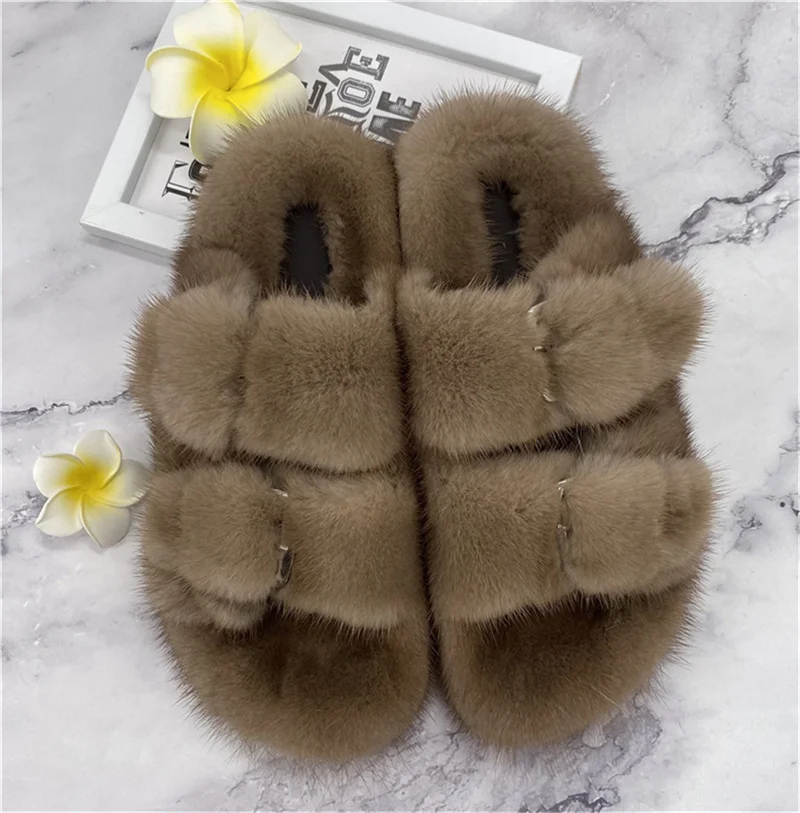 

Summer Slippers For Women 2024 Fur Real Mink Flip Flops For Ladies Shoes For Women Flat Luxury Women's Mules Shoes