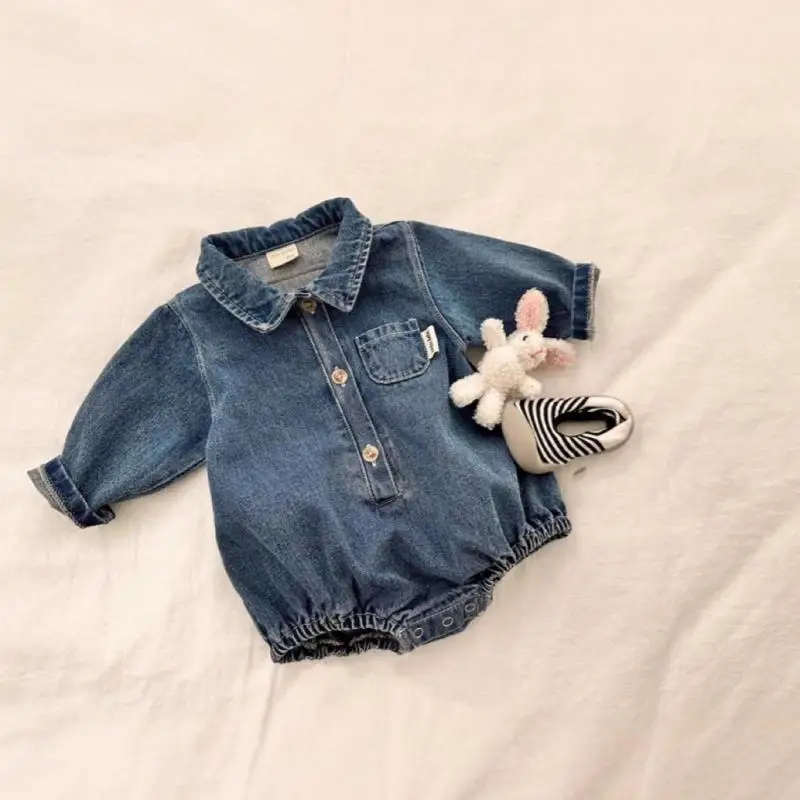 

2025 Autumn New Baby Long Sleeve Denim Bodysuit Solid Infant Boy Girl Cute Lapel Jeans Jumpsuit Newborn Toddler Clothes 0-24M