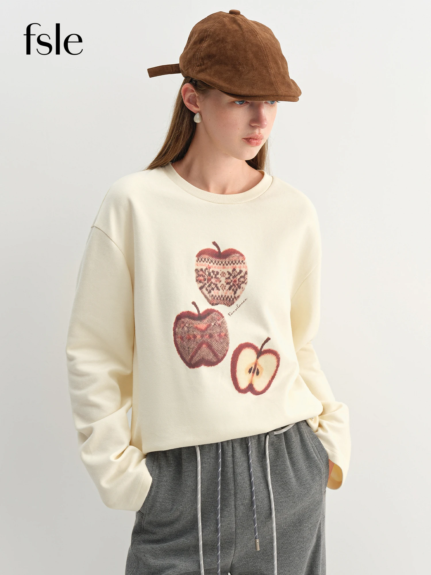 

FSLE Spring Autumn New Women's American Retro Funny Apple Print T-Shirt Casual Loose Fit Round Neck Top Y2K Vintage Streetwear