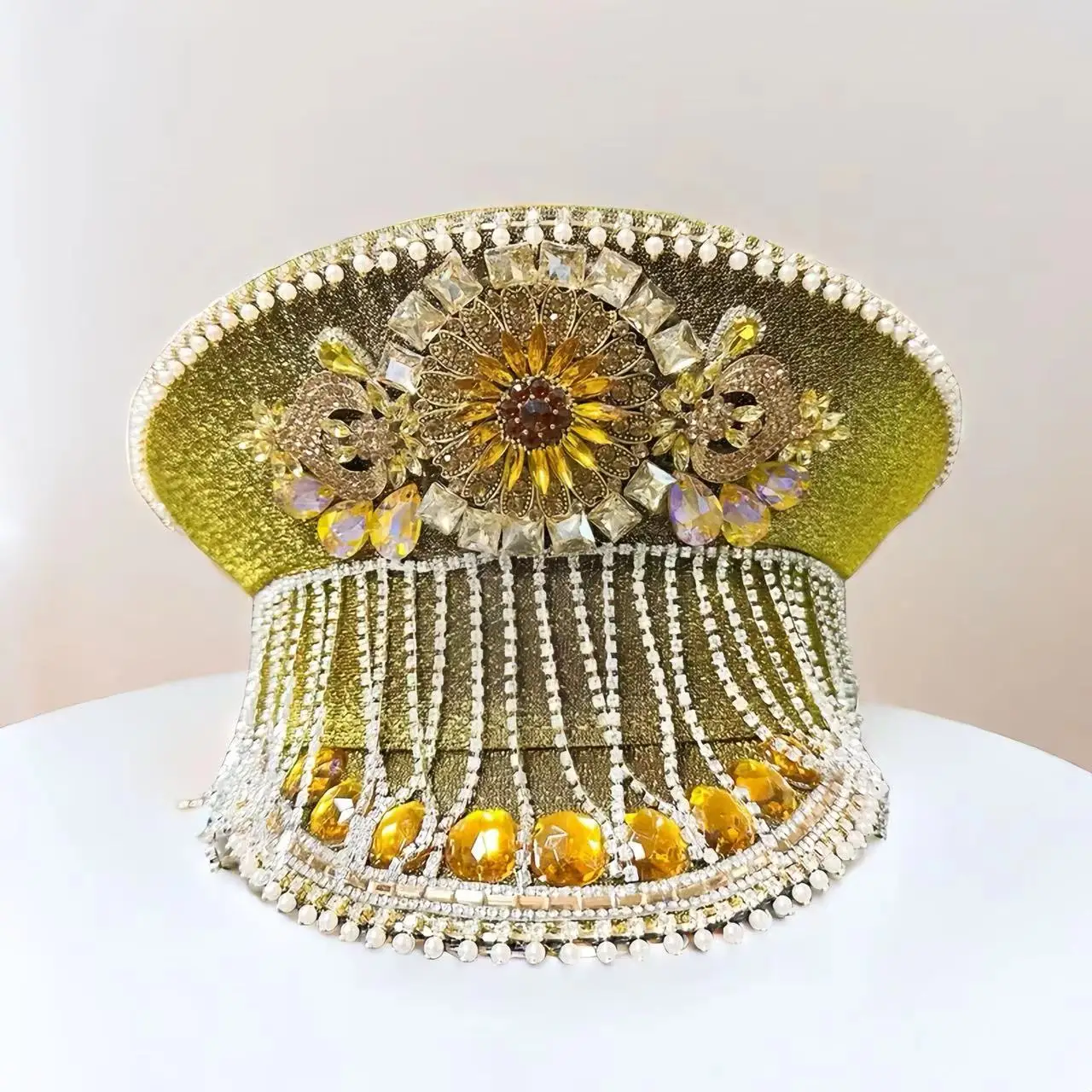 

HongLuan Yellow Steampunk Captain Hat Rhinestone for Burningman Festival Woman, Vintage Military Assessories & Military Cap