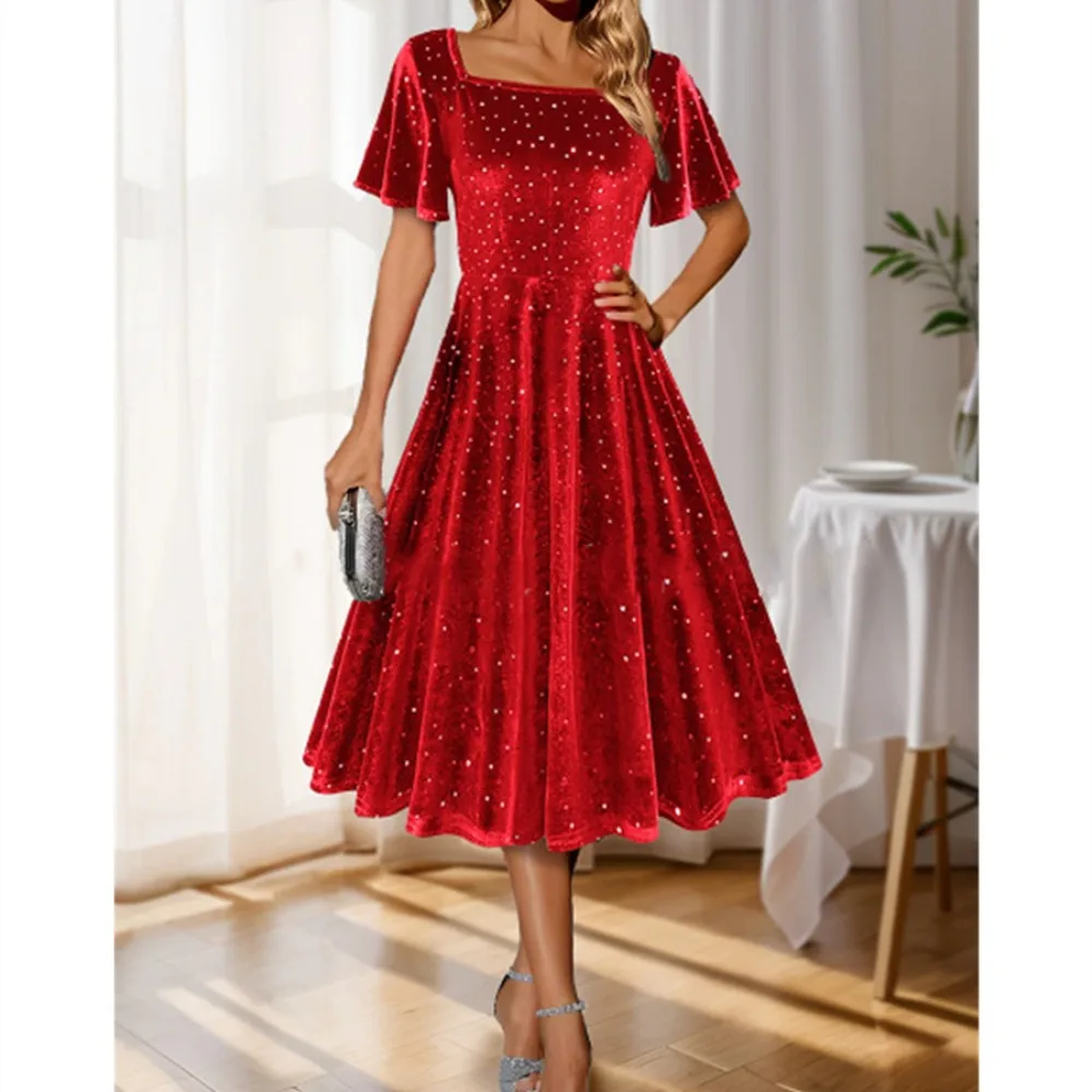 

Женское бархатное платье с квадратным вырезом и короткими рукавами — элегантное платье с пайетками для праздничных коктейльных вечеринок и официальных мероприятий