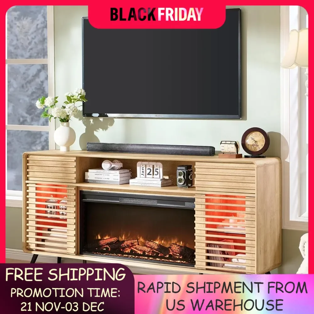 

Fireplace TV Stand for 80 Inch TV, with 36" Electric Fireplace & Led Lights, Wood Media Console w/Slatted Sliding Doors