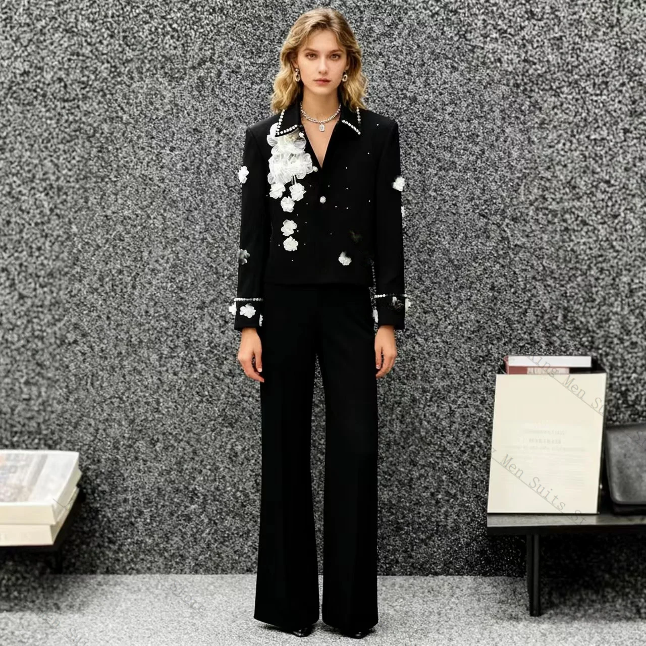 

Luxury Black Women Suit Set 2 Pcs Crystal Blazer+Pants Trousers Cotton Customized Formal Guest Wedding Tuxedos Party Coat Jacket