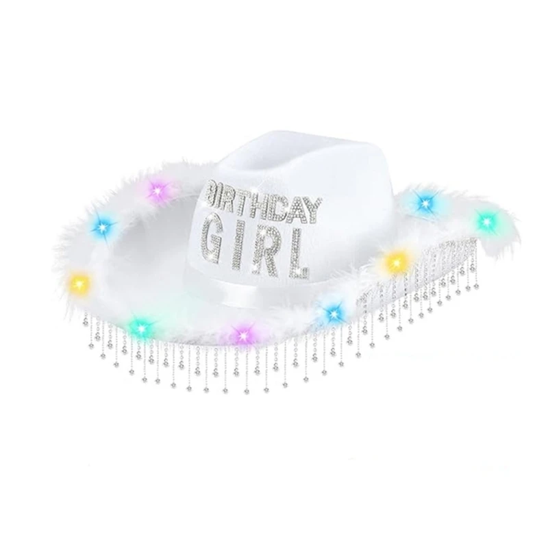 50JB Unisex Birthday Cowgirl Hat with Glittering Tassels and Colorful Flashing Light Furry Trim Cowgirl Hat for Festival