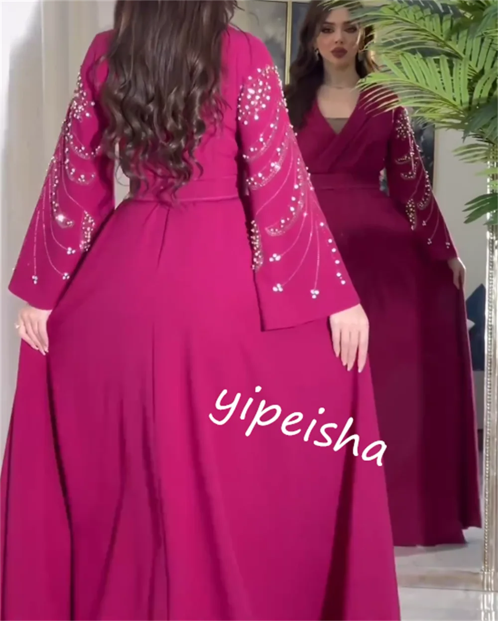 Customized Evening Saudi Arabia Jersey Sash Beading Engagement A-line V-neck Bespoke Occasion Gown Midi Dresses