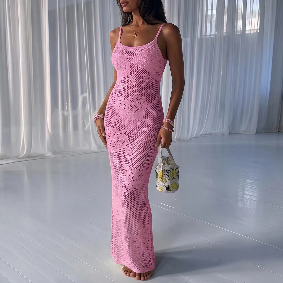 Sexy Elegant Plain Hollow out Camisole Dress, Summer Beach Vacation Floral Texture Knit Swimsuit Cover-Up, Slim-Fitting Style
