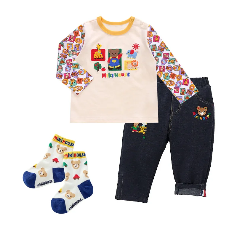 الأطفال الكرتون الطباعة الكاملة مع الربيع والخريف جديد الأولاد الكرتون لطيف الدب حديقة الحيوان طويلة الأكمام تي شيرت