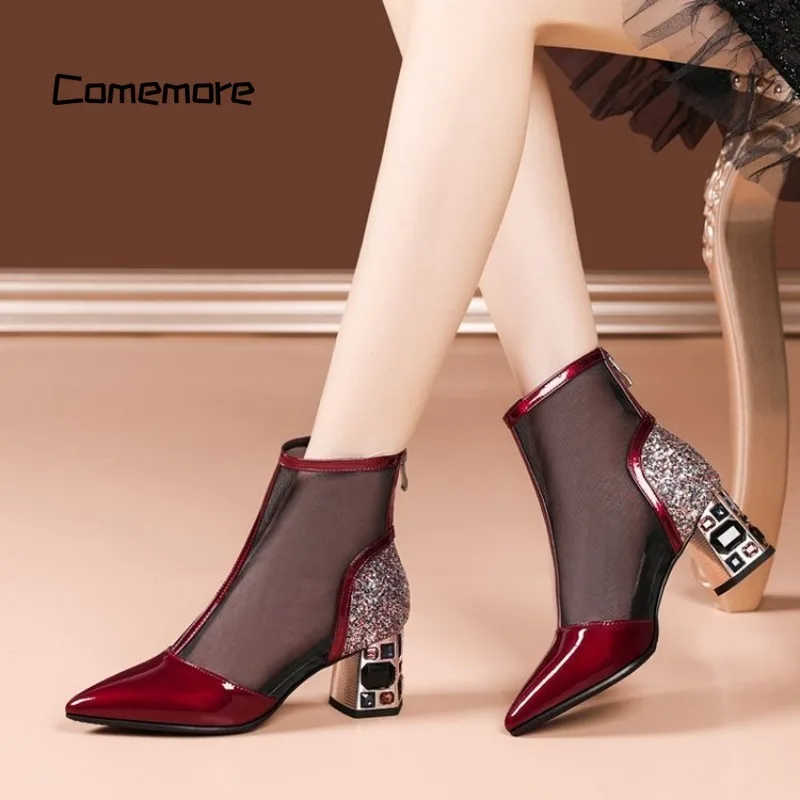 

Comemore Fashion Party Crystal High Heels Shoes Sexy Classic Booties Woman Heel 2023 New Summer Women Chunky Ankle Mesh Boots 40