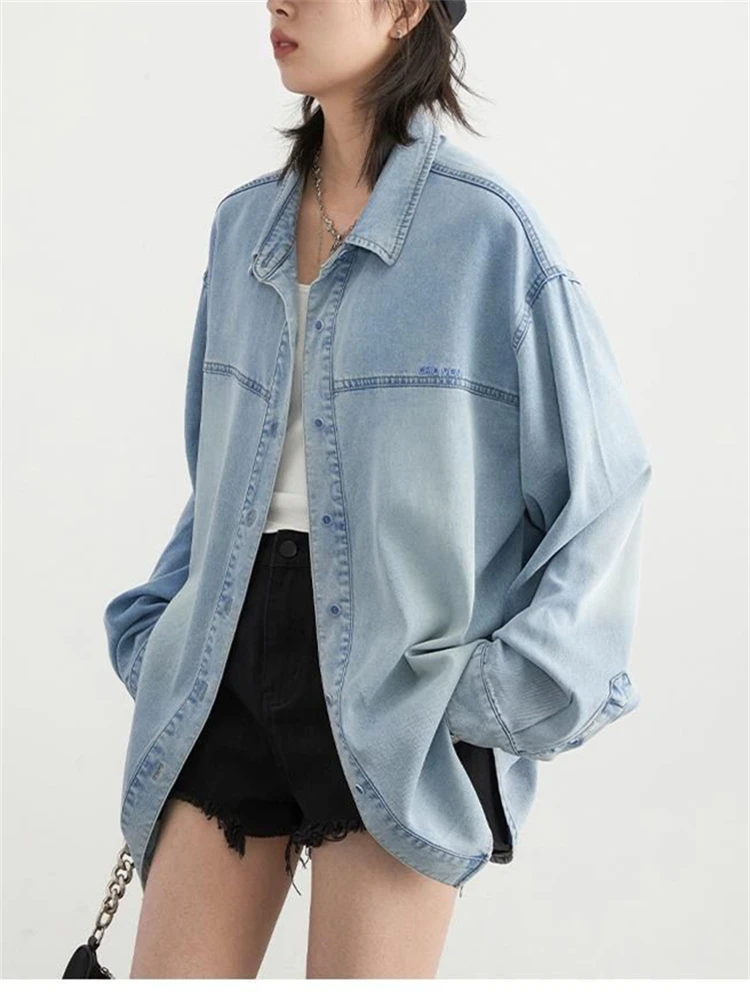 

Summer thin cut simple split embroidery drape washed polo collar denim shirt for women loose fit