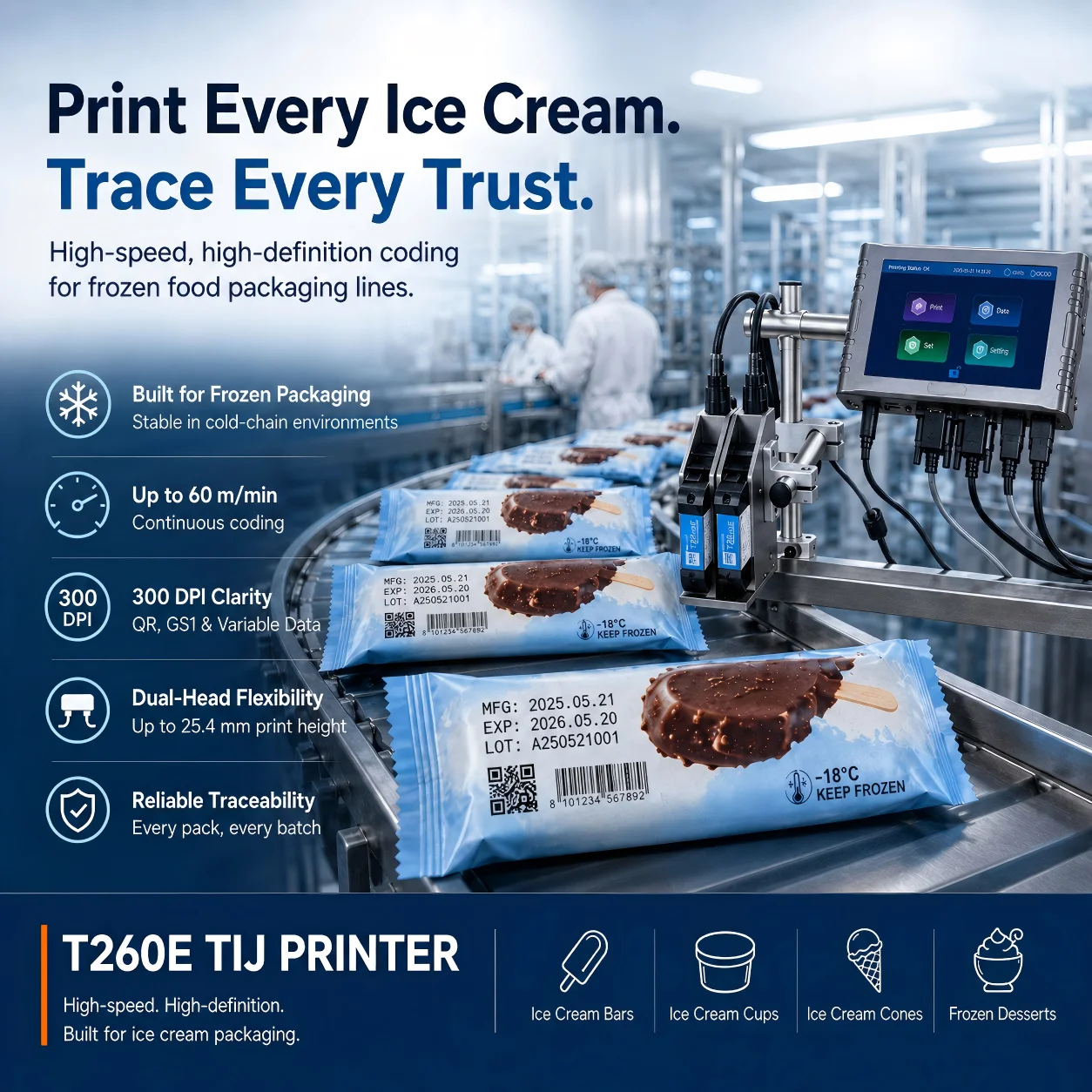 T260e Industrial Thermal Inkjet Printer Docod Food Safe Ink Coding Machine for Frozen Snack Beverage Pharmaceutical Packaging