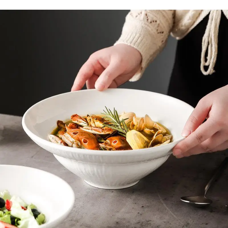 Round Ceramic Fruit Salad Plates Soup Basin Dinner Simple Home Kitchen Solid Color Tableware Ramen Noodle Bowl