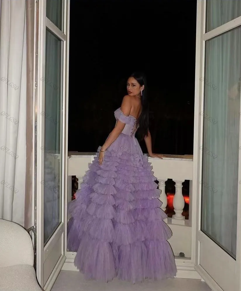 Wspaniałe suknie na bal maturalny Sweetheart Lavender Long Dresses Women Layered Prom Gown A line Puffy Lush Party Dress Ruffle Tulle Elegant