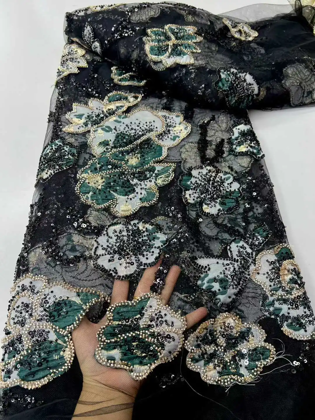 2026 African French Beaded Mesh Embroidered Lace Fabric, 5 Yards, Nigerian Sequined Lace Fabric, Women's Party Dress Sewing 1919