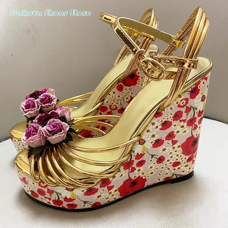 Flower Embellished Platform Sandals Sweet Round Open Toe Print Wedges High Heels Summer Buckle Strap Leather Sandals