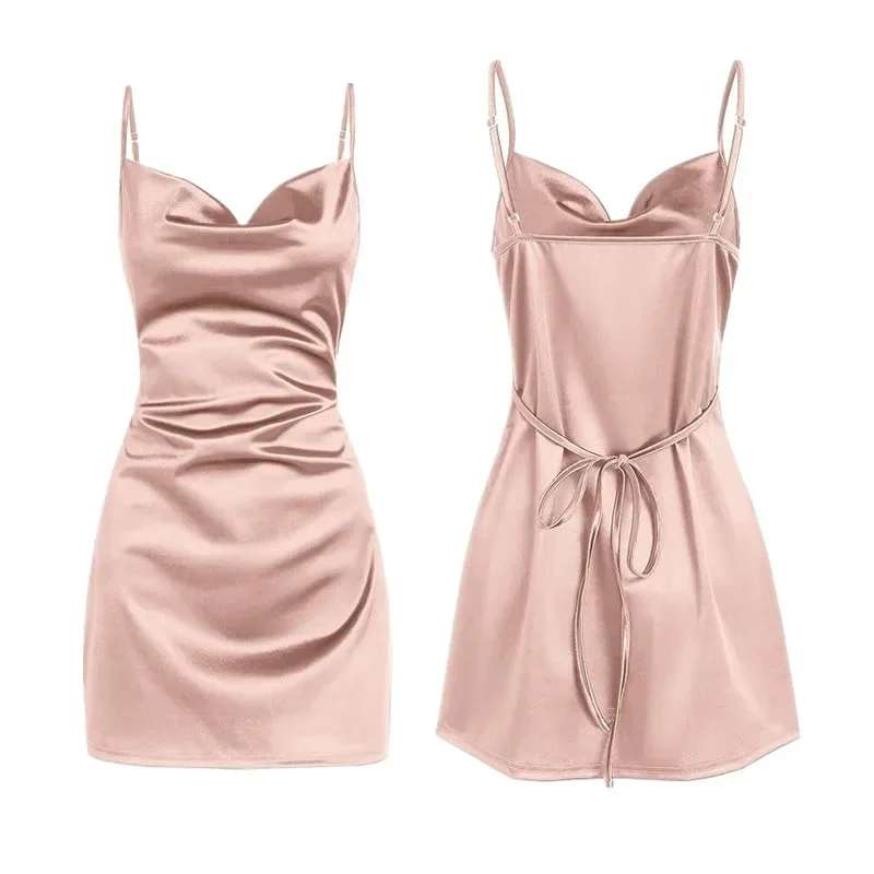 Satin Slip Dress Women Silk Low Cut Smocked Solid Color Party Dresses Cowl Neck Backless Mini Dress Nightclub Short Vestidos