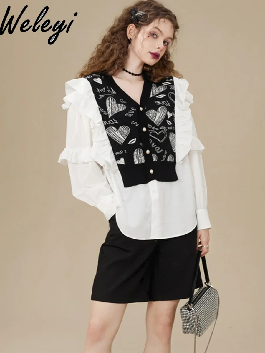 French Style Elegant Shirts for Women 2023 Autumn New Sweet Loose Stitching Long Sleeve Ruffled Blouse Female Inner Wear Tops