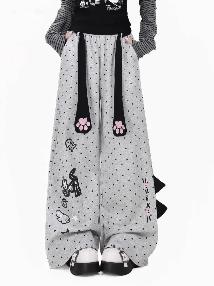 Japanese Vintage Polka Dot Wide Leg Trousers Y2k Aesthetic Cartoon Printing Straight Pantalones Women Grunge Loose Casual Pant