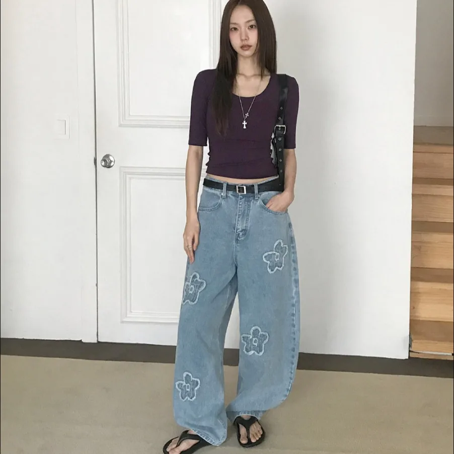 

Summer 2026 Korean Style Chic Fashionable Loose Wide Leg Denim Jeans Embroidered Flower Frayed High Waist Casual Cotton Blend