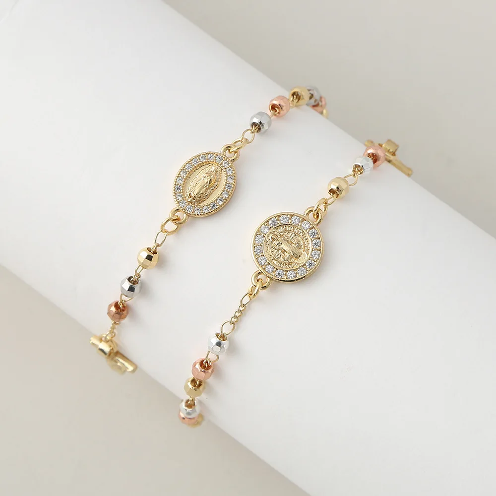 New Religious Copper Rosary Bead Cross Bracelet For Women Cubic Zircon Virgin Mary San Benito Pulsera Wholesale Jewelry
