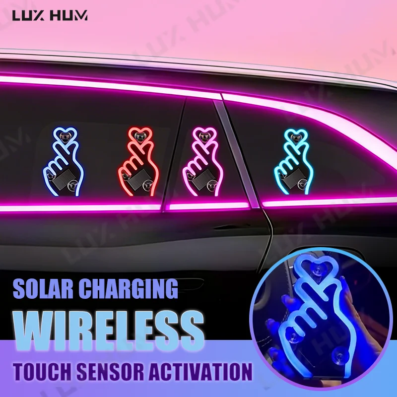 Heart-Shaped Gesture Ambient Light for Car Vibration/Light Sensor Wireless USB Charging LED Neon Light 5-Mode Atmosphere Lamp