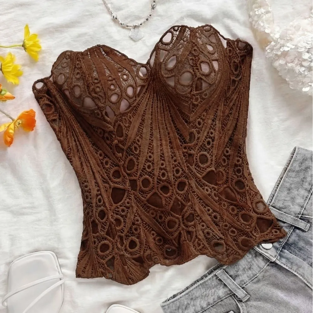 Close Fit Back Tie Hollow Out Corset Top Irregular Hem Mesh Splicing Slimming Tube Top Fishbone Lace Corset Women’s Wear