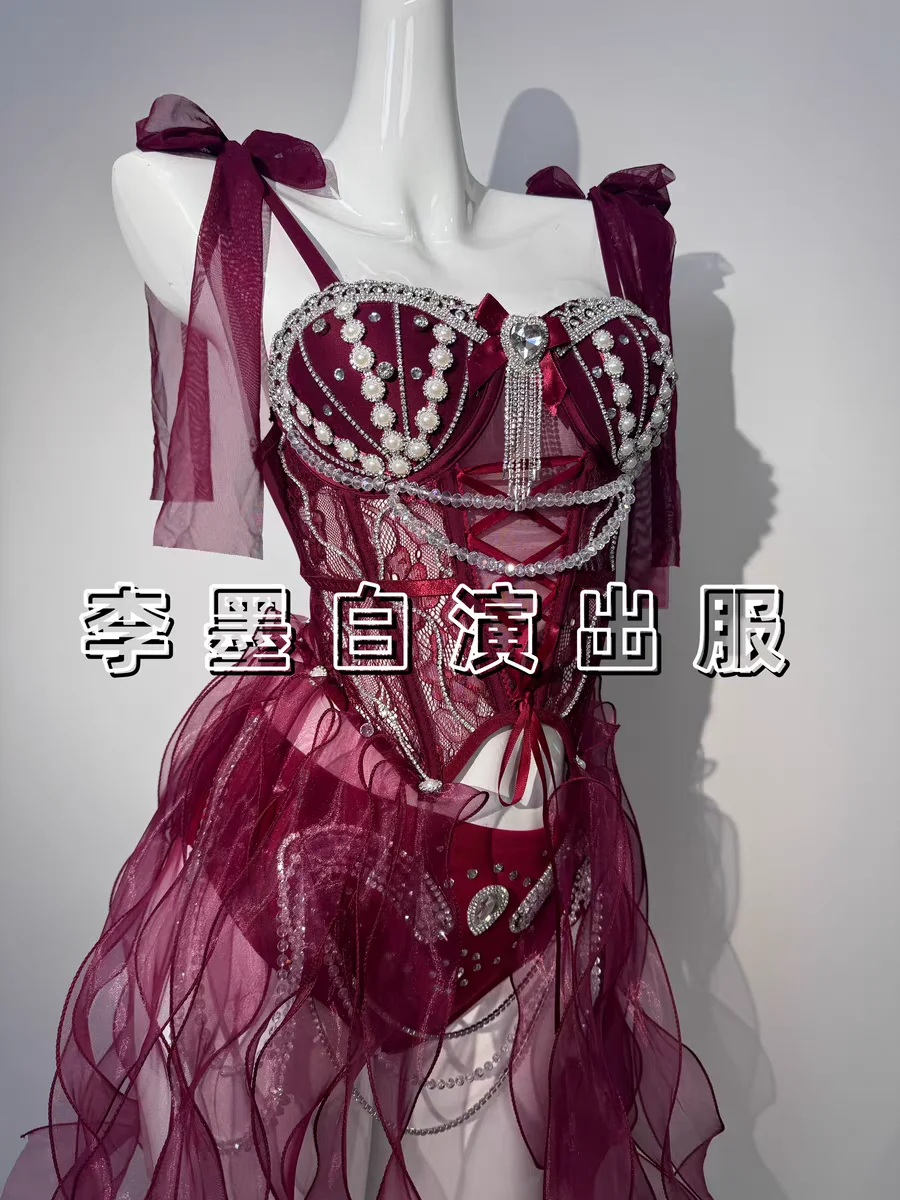 Sexy Fishbone Suspender Sparkling Diamond Mesh Bikini Dress Short Set Singer Bar Nightclub Party Prom Bithday Dance Stage Wear